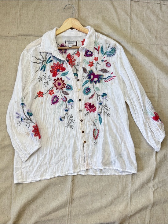 Johnny Was Tops - Johnny Was Workshop Embroidered Floral Shirt Size S White Boho Button Front